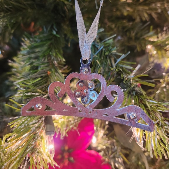 SPARKLING Silver Pink RHINESTONE JEWEL PRINCESS TIARA CROWN CHRISTMAS ORNAMENT - Picture 3 of 6